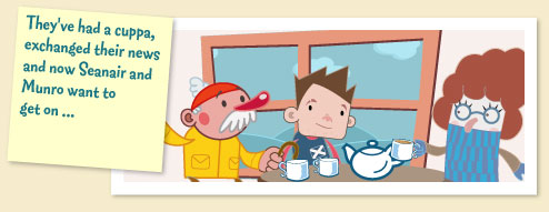 Seanair, Munro & Morag are in a cafe