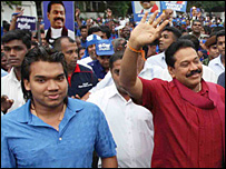 President Mahinda Rajapaksa (R) with eldest son, Namal, MP, in the May Day march (photo: Sudath Silva)
