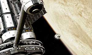 Orpheus drops away from Pegasus towards the Venusian clouds.  The top of the Pegasus centrifuge is closest to camera 