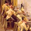 Detail of 'An Aircraft Assembly Shop' showing some of the shop's work force