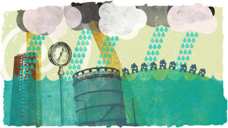 Illustration showing power station towers, green hills and rain clouds.