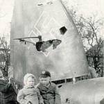 My sister Jean and I sitting on the tailplane of Heinkel 111. Picture taken 4th Nov. 1940, at Botwell Green Hayes Middx. My sister Jean and I sitting on the tailplane of Heinkel 111. Picture taken 4th Nov. 1940, at Botwell Green Hayes Middx.