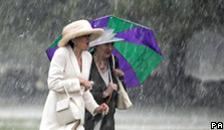 Two women walking in the rain