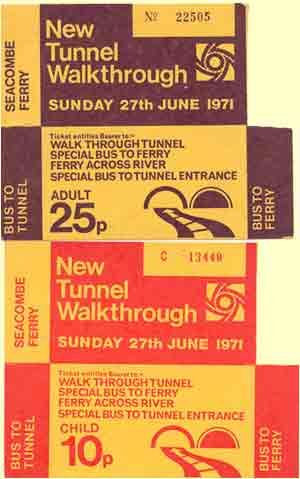 Tunnel walk tickets from 1971, costing 25p for an adult and 10p for a child