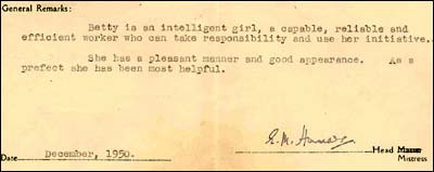 Betty Morrow's School report 1950