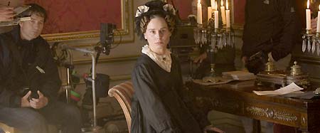 Tara Fitzgerald as Mrs Reed prepares for her next scene