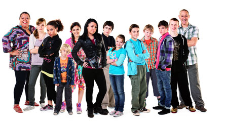 The cast of Tracy Beaker Returns (L to R) Kay Purcell as Gina, Jessie Williams as Lily, Saffron Coomber as Sapphire, Philip Graham Scott as Harry, Amy-Leigh Hickman  as Carmen, Dani Harmer as Tracy Beaker, Noah Marullo as Gus, Mia McKenna-Bruce as Tee, Joe Maw as Johnny, John Bell as Toby, Richard Wisker as Liam, Christopher Slater as Frank and Connor Byrne as Mike
