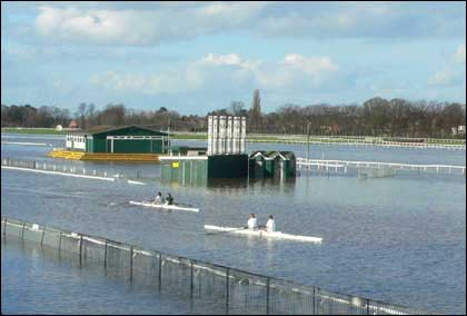 Two boats rowing on Worcester Racecourse