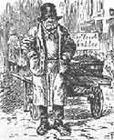 'Punch' cartoon depicting an old street seller on the streets of Dickens' London