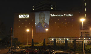 Alan Johnston's image projected onto BBC Television Centre in London