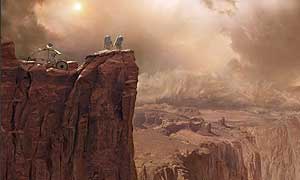 Tom Kirby (Martin McDougall), John Pearson (Mark Dexter) and Nina Sulman (Michelle Joseph) survey the massive Valles Marineris Canyon. A canyon dust storm is brewing on the horizon