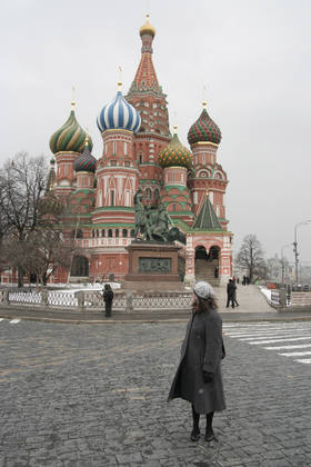 producer Gilly Orr in front of St Basil's Cathedral, Red Square