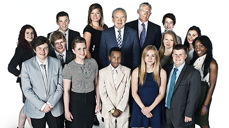 L-R and Back to Front: James McCullagh, Harry Hitchens, Zara Brownless, Mahamed Awale, Hannah Richards, Ben Fowler, Elizabeth Magee, Harry Maxwell, Karren Brady, Lord Sugar, Nick Hewer, Lewis Roman, Hayley Forrester, Haya Al Dlame, Gbemi Okunola © Talkback Thames 
