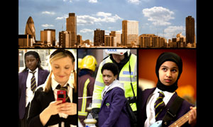 Panel 1 - London; Panel 2 - two girls, one texting; Panel 3 - boy at bomb scene; Panel 4 - girl wearing hijab