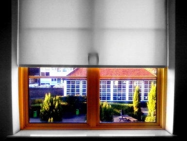 Outside the window.