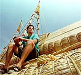 Image of Phil Buck with 'La Viracocha' - his reed ship
