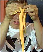 Pic: James holds up string custard.