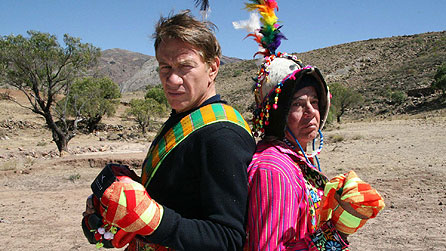 Michael Portillo posing with local Bolivian man as they prepare to take part in a Tinku (local festival), where they will engage in unarmed combat