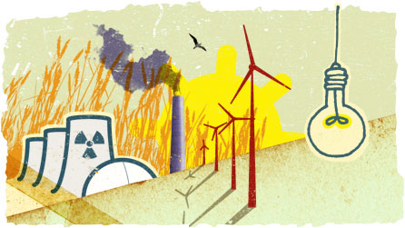 Illustration showing different forms of energy including wind power and a power station.  