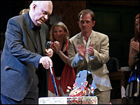 Sir Alan Ayckbourn cuts his birthday cake.  Photo by Alex Soulsby.