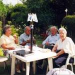 left to right:- Marjorie Williams, Harold Williams, Emil Weingartner and Edna Weingaernter chatting in the garden at Stowmarket. 2004 left to right:- Marjorie Williams, Harold Williams, Emil Weingartner and Edna Weingaernter chatting in the garden at Stowmarket. 2004