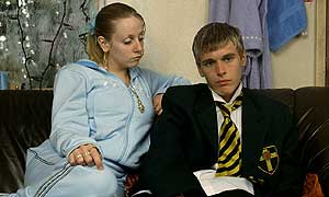 Jenny (Sinead Matthews), the childminder from hell with Felix (Des O'Malley)