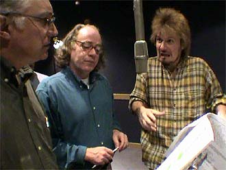 Simon Jones (Arthur), Geoffrey McGivern (Ford) and Dirk Maggs (Director)