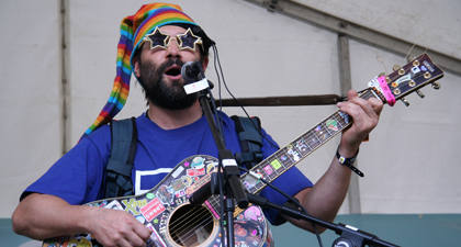 Adam Buxton slams it to the Hub tent crowds...