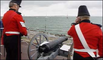 The fleet gets a gun salute on the way in to the harbour