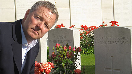 Rory Bremner at the war cemetery at Dud Corner near the site of the Battle of Loos