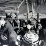 Sub Lt. F. D. Tolfree RNR  O.O.W. HMS Westminster, Rosyth Escort Force on North Sea Convoy. Early 1944. Many Bristolians in RNVR from HMS Flying Fox served in this ship during the war. Derek Tolfree second from left, standing, with cigarette.
