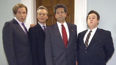 L-R: David Walliams as Sebastian, Tony Head as the Prime Minister, Rolf Saxon as the American President and Matt Lucas as Marvin