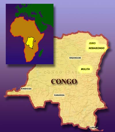 Map showing position of Mulita, Nebobongo and Isiro in relation to overall area of the Congo