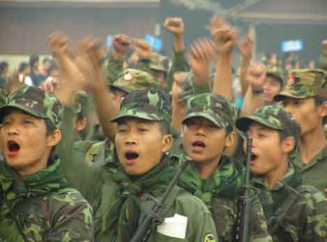 Karen soldiers chanting defiantly