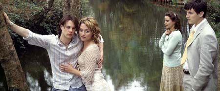Left to right: Rupert Evans as Zander, Zoe Tapper as Hermia, Michelle Bonnard as Helena, William Ash as James Demetrius