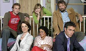 The World According To Bex: Oliver Chris as Ryan, Jessica Stevenson as Bex, Clive Russell as Jack, Raquel Cassidy as Chris,  Zita Sattar as Jan and Greg Wise as Charles