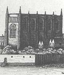 Image of a line drawing of the view of St Stephens from the river