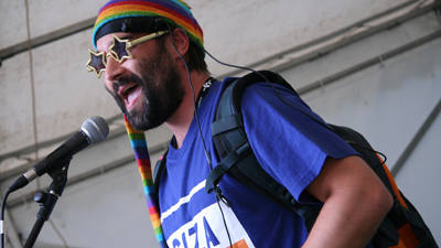 Adam Buxton slams it to the Hub tent crowds...