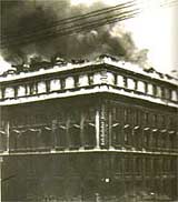 Image of the Central Telegraphic Office in London on fire after a raid