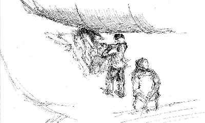 Ship launch at Harlands, Belfast. Original drawing by Brian Willis.