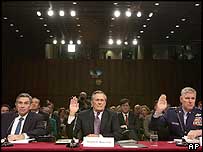 Savunma Bakanı Rumsfeld, yardımcısı Wolfowitz ve Genelkurmay Başkanı Myers komisyonda