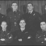 Back:  Geoff O’Brien (RAAF) mid upper gunner, Jack Marsden (RAF) flight engineer, Bill Watson (RAAF) navigator, Terence Kelly (RAAF) mid upper gunner, replaced by (see inset) Harry Pickford (RAF), killed when the Lancaster crashed. Front:  Eric Ashford (RAF) bomb aimer, Garth Harrison (RAAF) pilot, Bob Haynes (RAF), wireless operator.