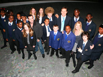 Roger with the SportsHall Challenge winners at London’s City Hall with Debbie Moore of Pineapple Studios