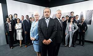Sir Alan Sugar, his aids Margaret Mountford and Nick Hewer and the apprentices