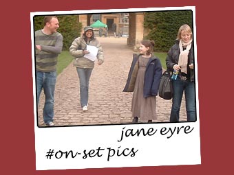 Rad (1st Assistant Director) and Rowena (Floor Runner) share a joke with Georgie Henley (Young Jane Eyre) and her mother on location at Belton House, Grantham [Reed House interior]