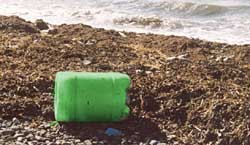 A plastic barrel left abandoned on the shore