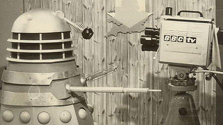 One of the BBC's earliest Daleks comes up against a BBC South camera at South Western House, Southampton
