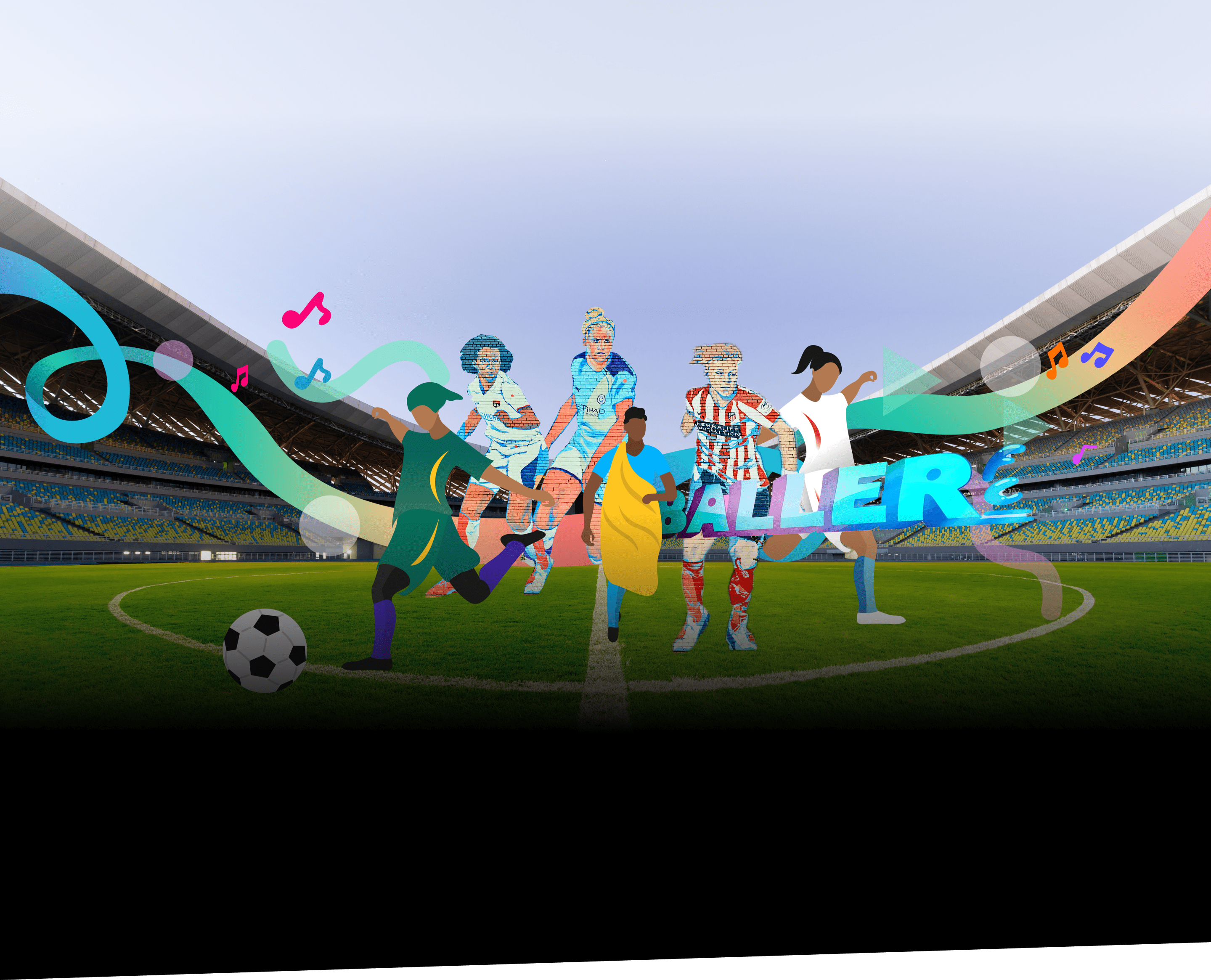 Women of various nations playing football in celebration of the 2022 Fifa Women's World Cup