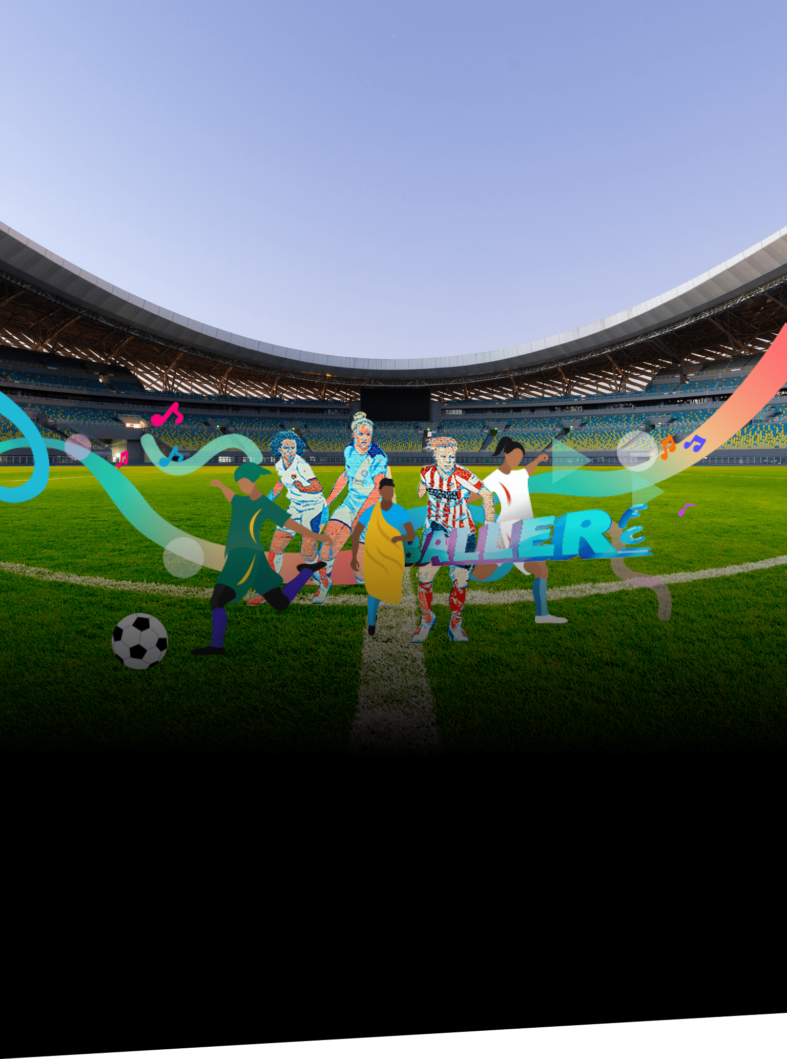 Women of various nations playing football in celebration of the 2022 Fifa Women's World Cup